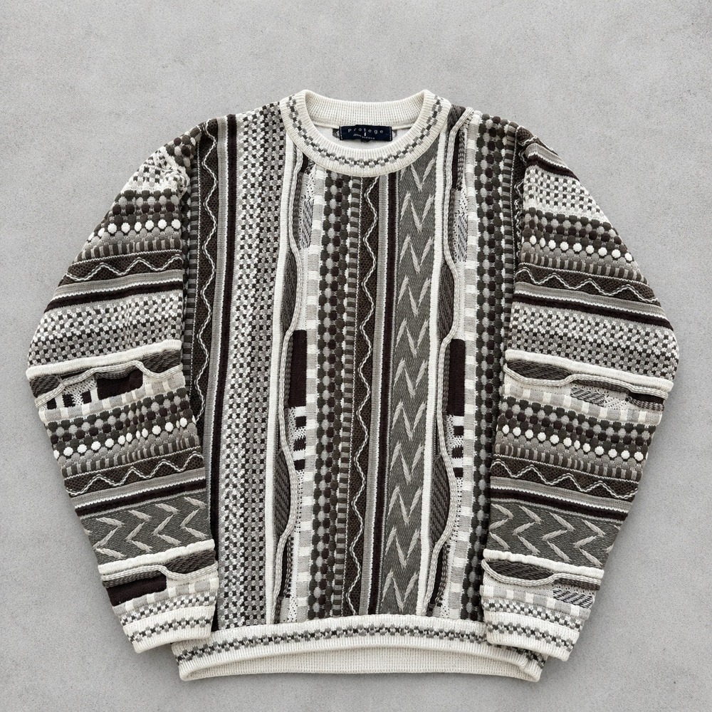 Protege Collection Vintage 3D Knit Coogi Sweater Large Brown Cream 90s Textured